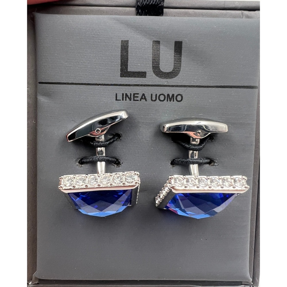 Linea Uomo Cufflinks Men's Blue Crystal Square Silver Tone NIB